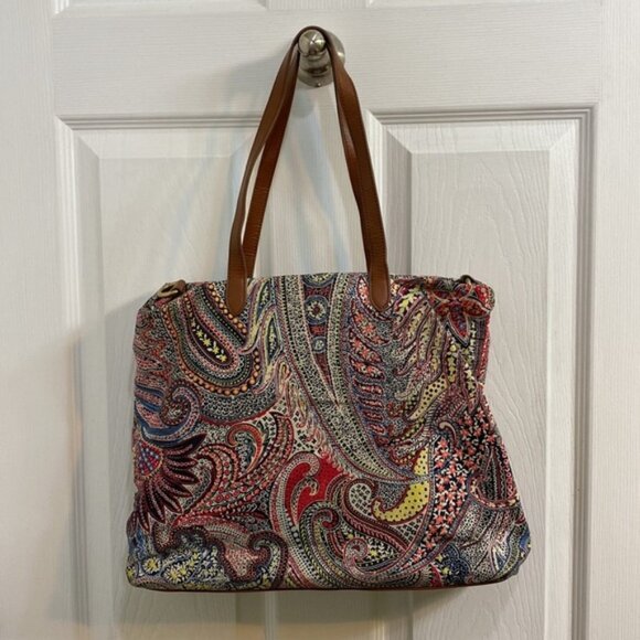 Talbots Paisley Cotton Leather Strap Purse Bag Pockets Pink Blue Spring Office - Picture 2 of 7